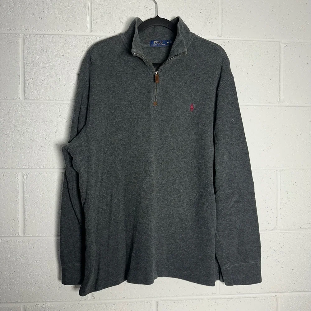 Polo Ralph Lauren Mens XL Quarter Zip Pullover Sweater Gray Cotton Red Pony